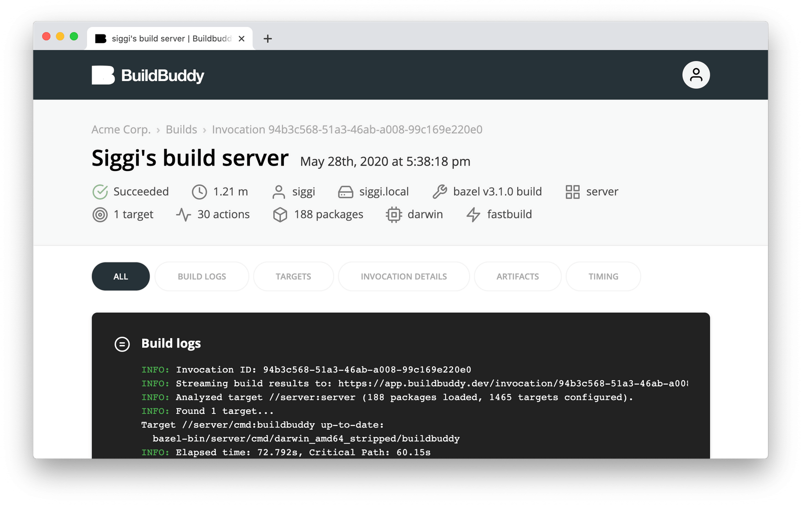 BuildBuddy Bazel build and test logs