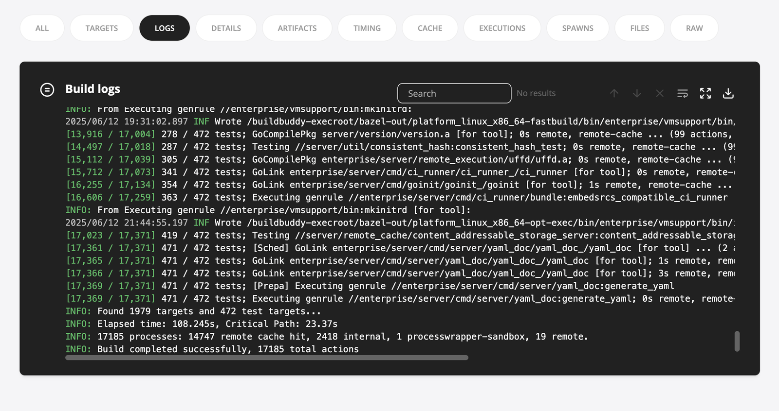 BuildBuddy Bazel build and test logs